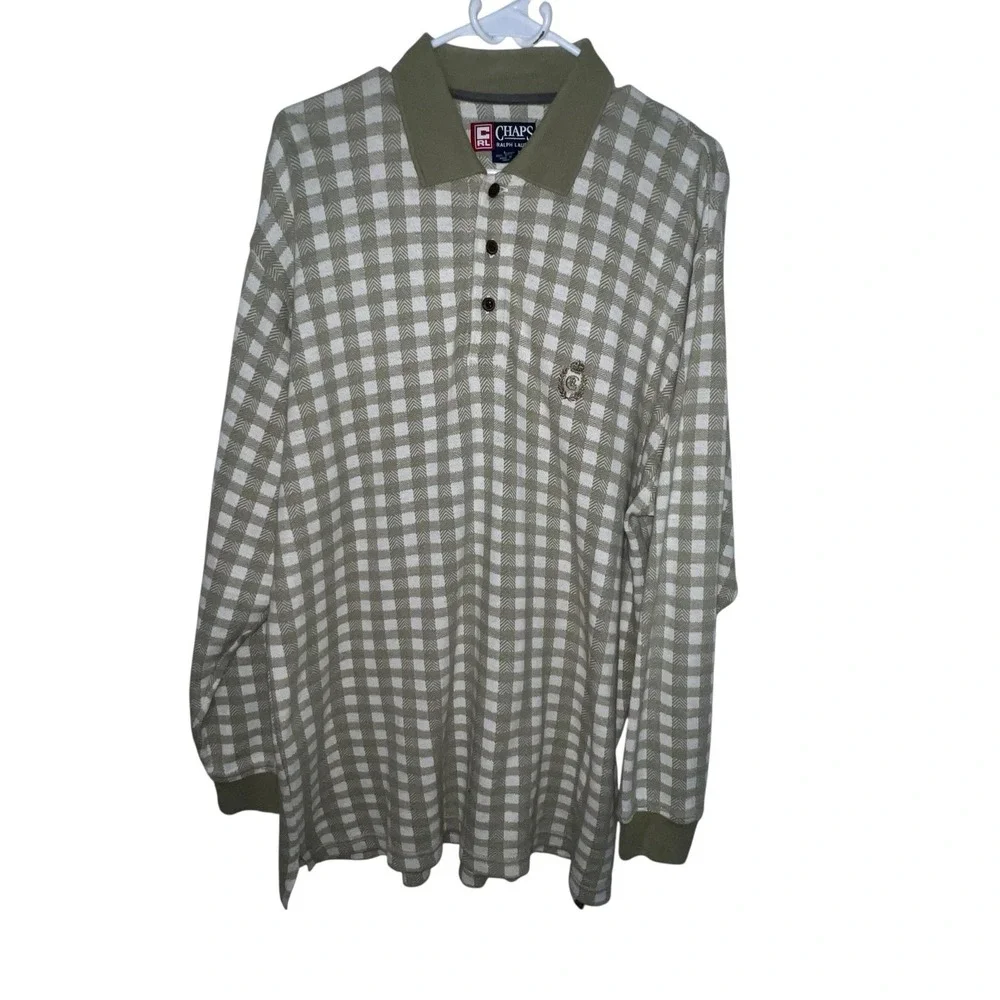 Vintage Chaps By Ralph Lauren Men's‎ Green Gingham Long Sleeve Polo Shirt Large